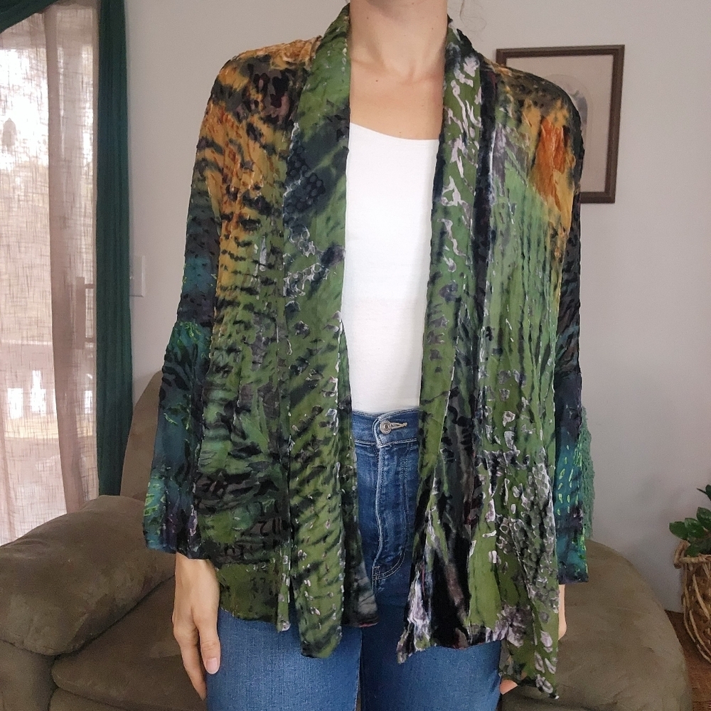 Vintage Mulitcolored Eclectic Art Silk Open Kimono Size Small
